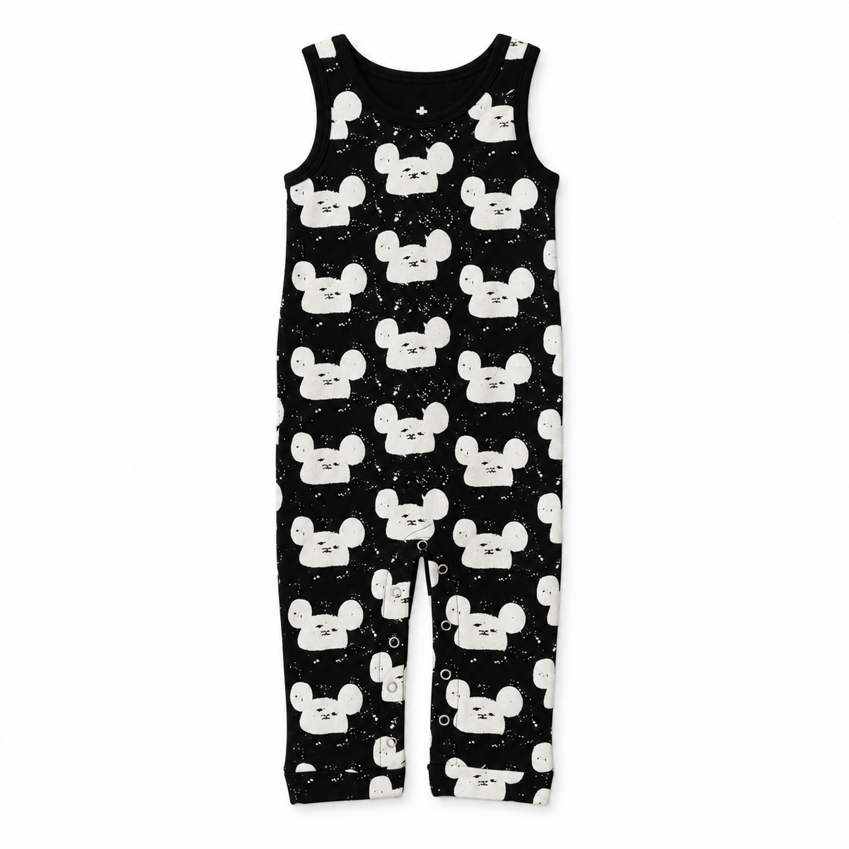 Modern Burlap organic tank Explorer Back jumpsuit, White on Black Modern Mouse, full front studio view