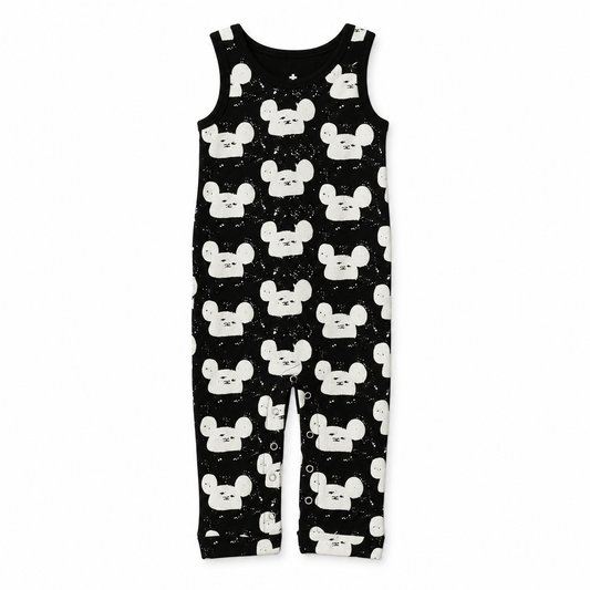 Modern Burlap organic tank Explorer Back jumpsuit, White on Black Modern Mouse, full front studio view