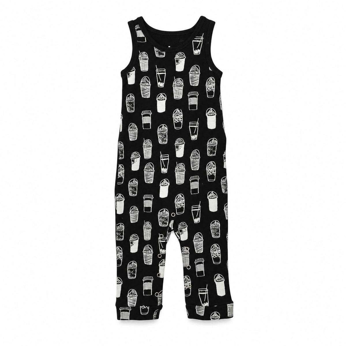 Modern Burlap organic tank Explorer Back jumpsuit, White on Black Coffee Love, full front studio view