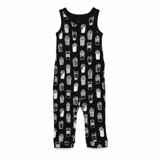 Modern Burlap organic tank Explorer Back jumpsuit, White on Black Coffee Love, full front studio view