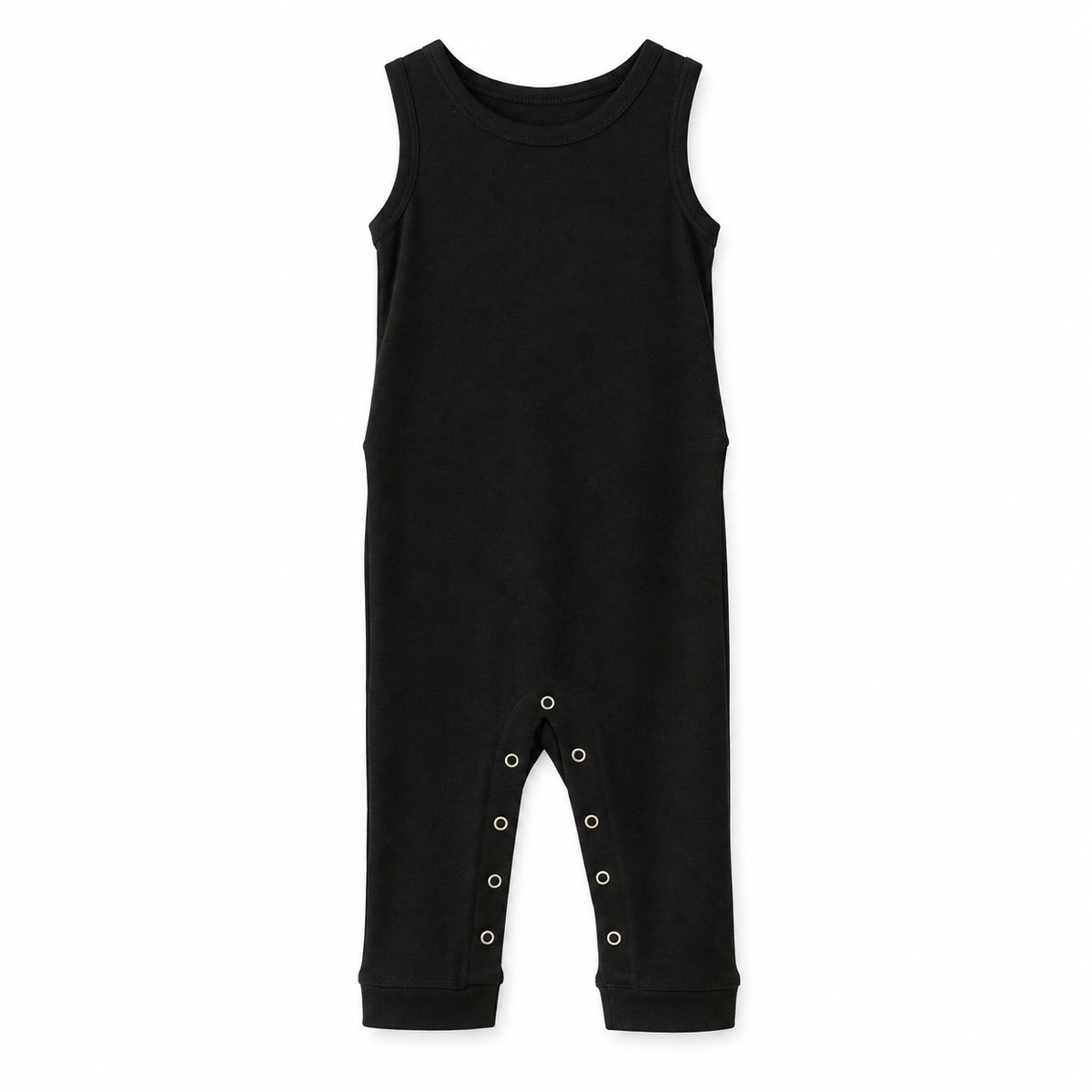 Modern Burlap organic tank Explorer Back jumpsuit, Black, full front studio view