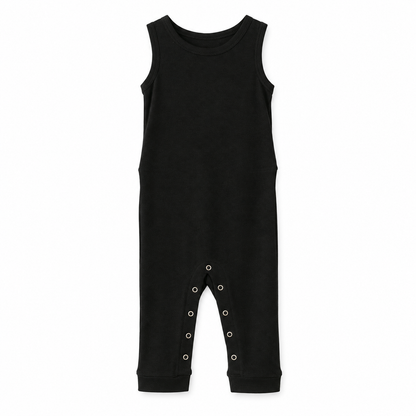 Modern Burlap organic tank Explorer Back jumpsuit, Black, full front studio view