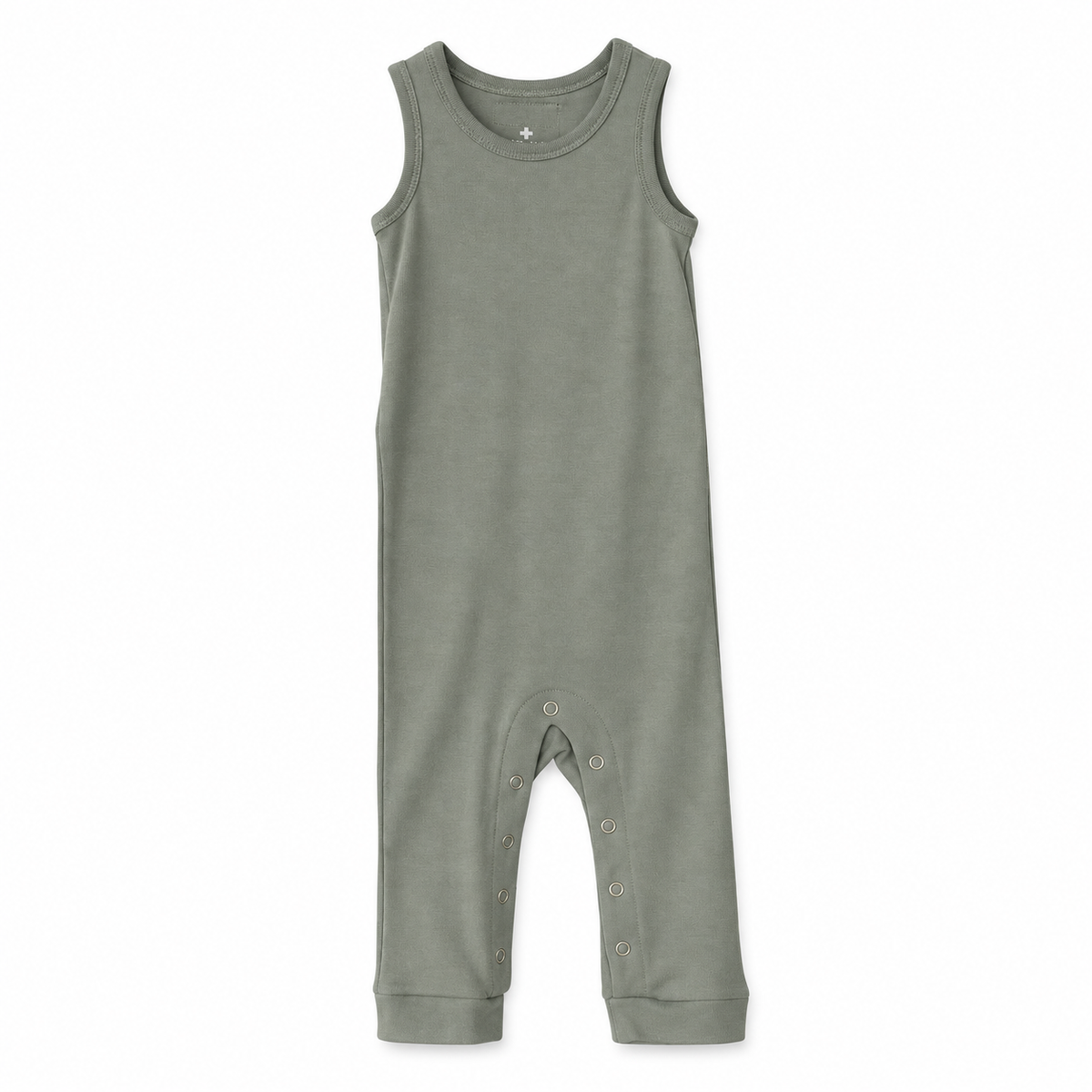 Modern Burlap organic tank Explorer Back jumpsuit, Neutral Gray, full front studio view