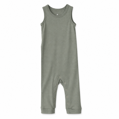Modern Burlap organic tank Explorer Back jumpsuit, Neutral Gray, full front studio view