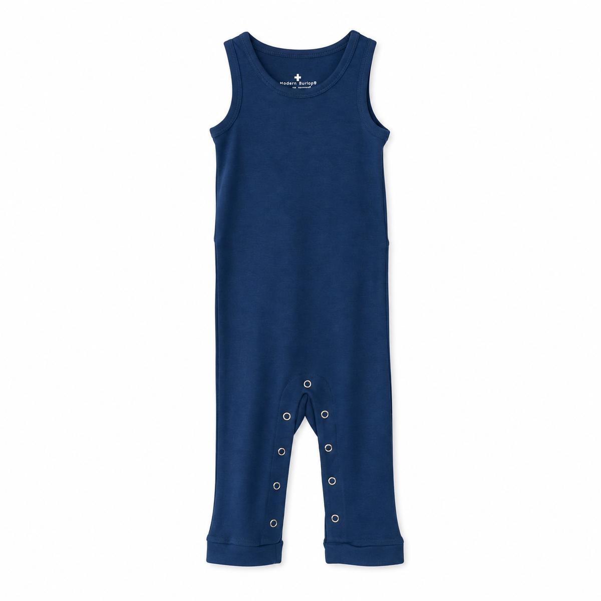 Modern Burlap organic tank Explorer Back jumpsuit, Navy Peony, full front studio view