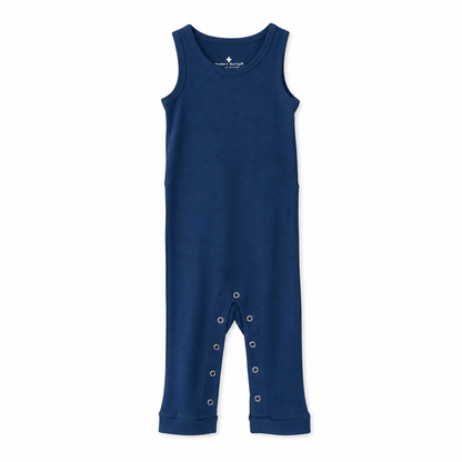 Modern Burlap organic tank Explorer Back jumpsuit, Navy Peony, full front studio view