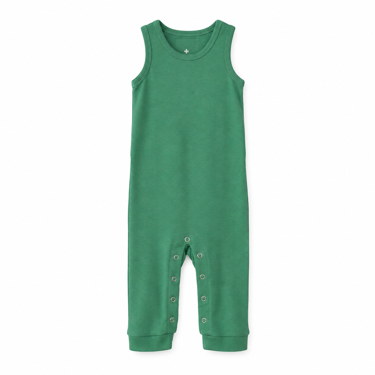 Modern Burlap organic tank Explorer Back jumpsuit, Pine Green, full front studio view