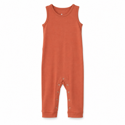 Modern Burlap organic tank Explorer Back jumpsuit, Aragon, full front studio view