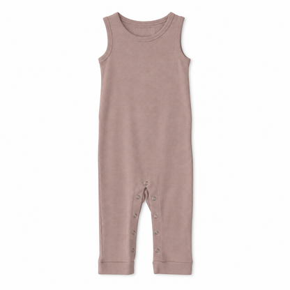 Modern Burlap organic tank Explorer Back jumpsuit, Mauve, full front studio view