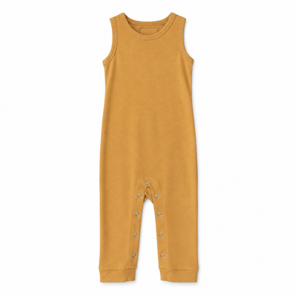 Modern Burlap organic tank Explorer Back jumpsuit, Honey, full front studio view