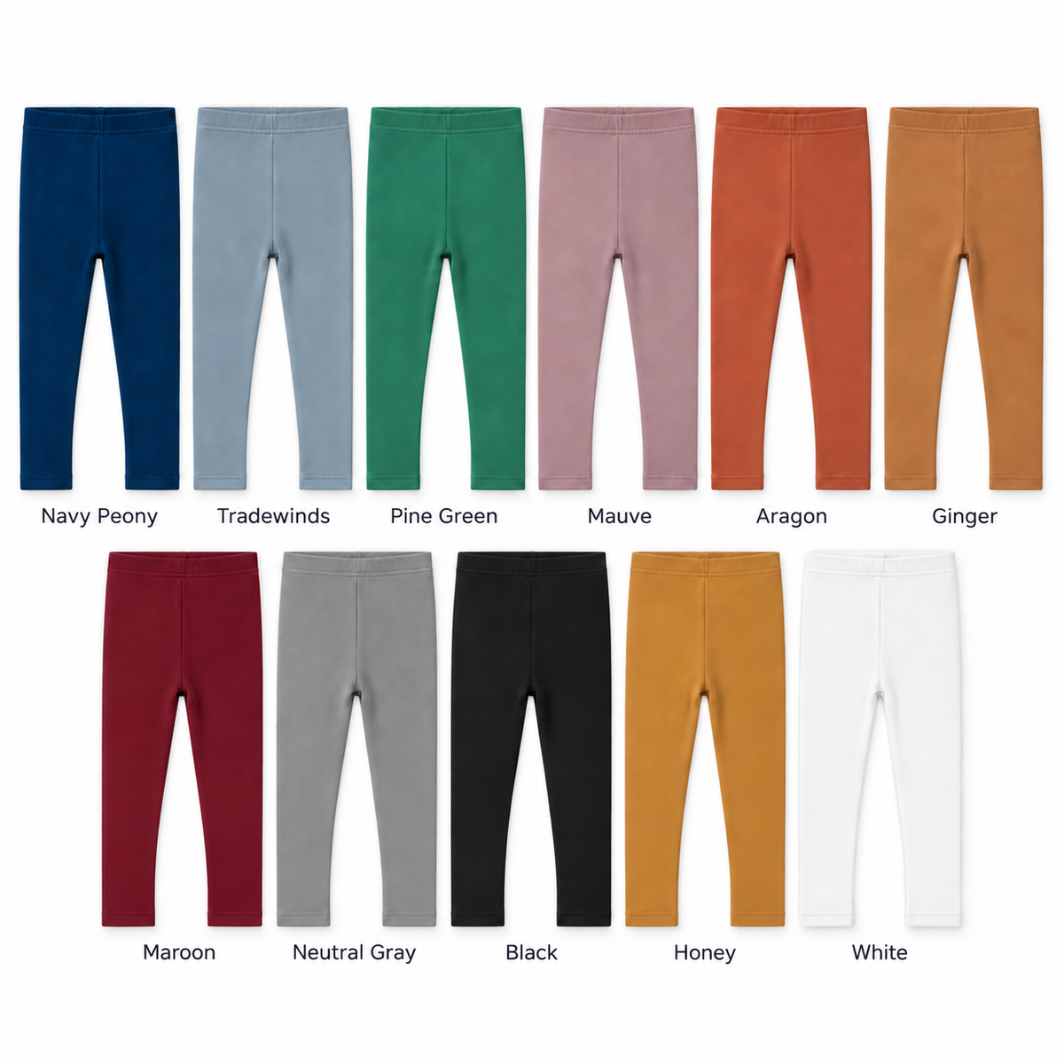Eleven-color leggings guide with each pair shown at matching scale