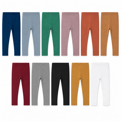 Eleven solid legging colors shown at matching scale