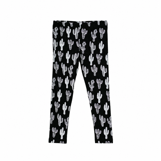 Modern Burlap cactus organic leggings, complete product view on white without a hanger.