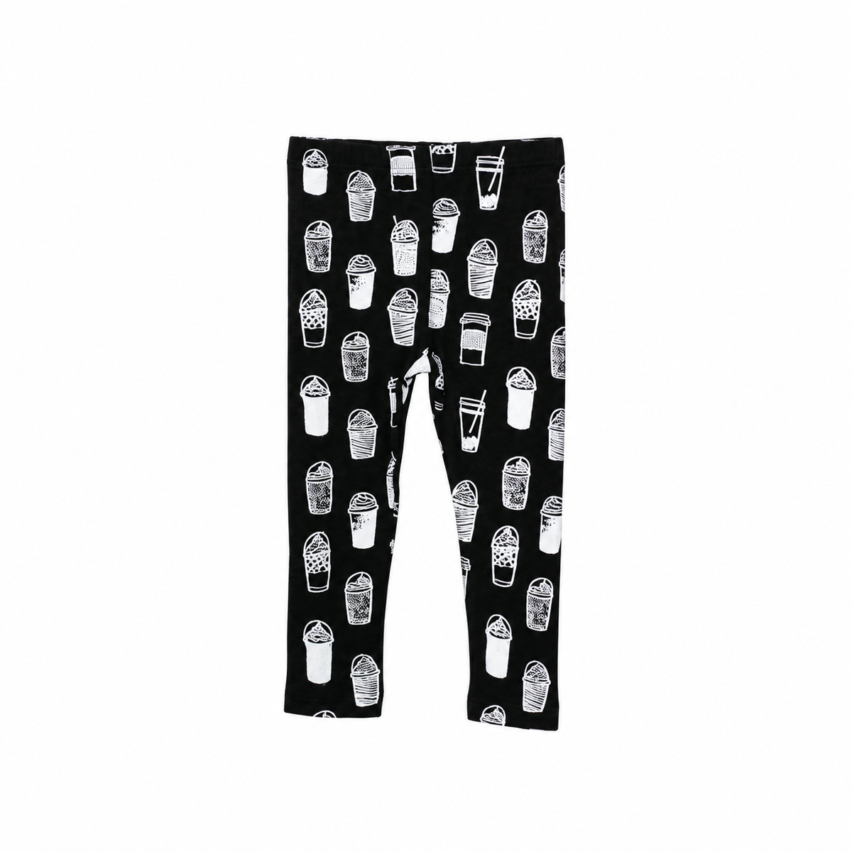 Modern Burlap coffee love organic leggings, complete product view on white without a hanger.