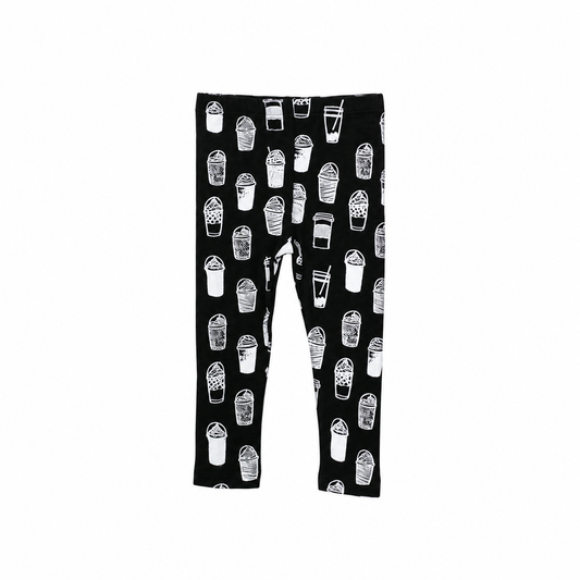 Modern Burlap coffee love organic leggings, complete product view on white without a hanger.
