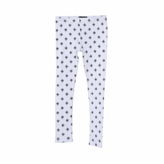 Modern Burlap Black on White Snowflakes leggings, complete front view on white without a hanger.