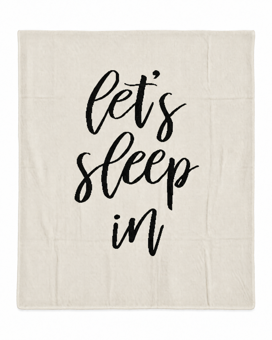 Let's Sleep In knit blanket in Natural, full design on white.