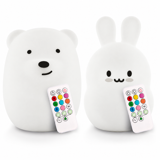 LumiPets Bear and Bunny LED night lights, each shown with its included remote; sold individually.