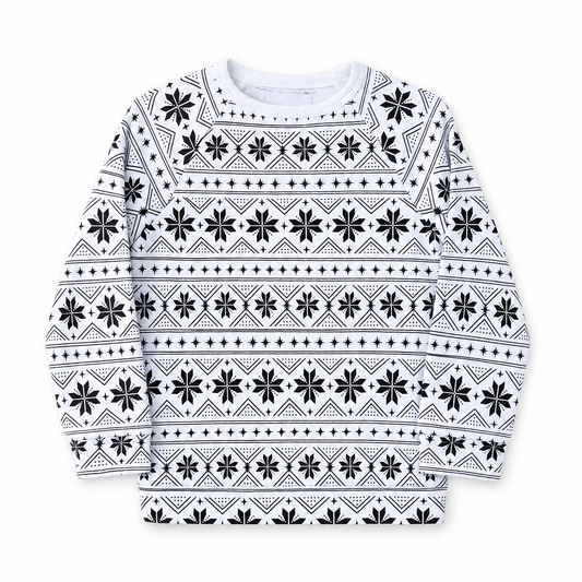 Black on White Nordic Winter lightweight baby and kids sweatshirt, front studio product photo on white.