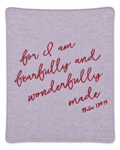 Lipstick Fearfully and Wonderfully Made recycled cotton blanket, full Psalm 139:14 script design on a white studio background.