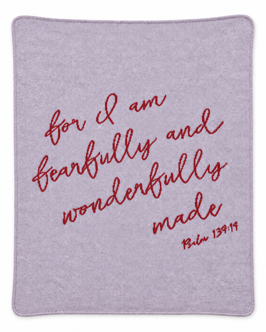 Lipstick Fearfully and Wonderfully Made recycled cotton blanket, full Psalm 139:14 script design on a white studio background.