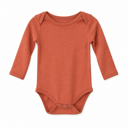 Aragon organic long sleeve baby bodysuit, full front studio view.
