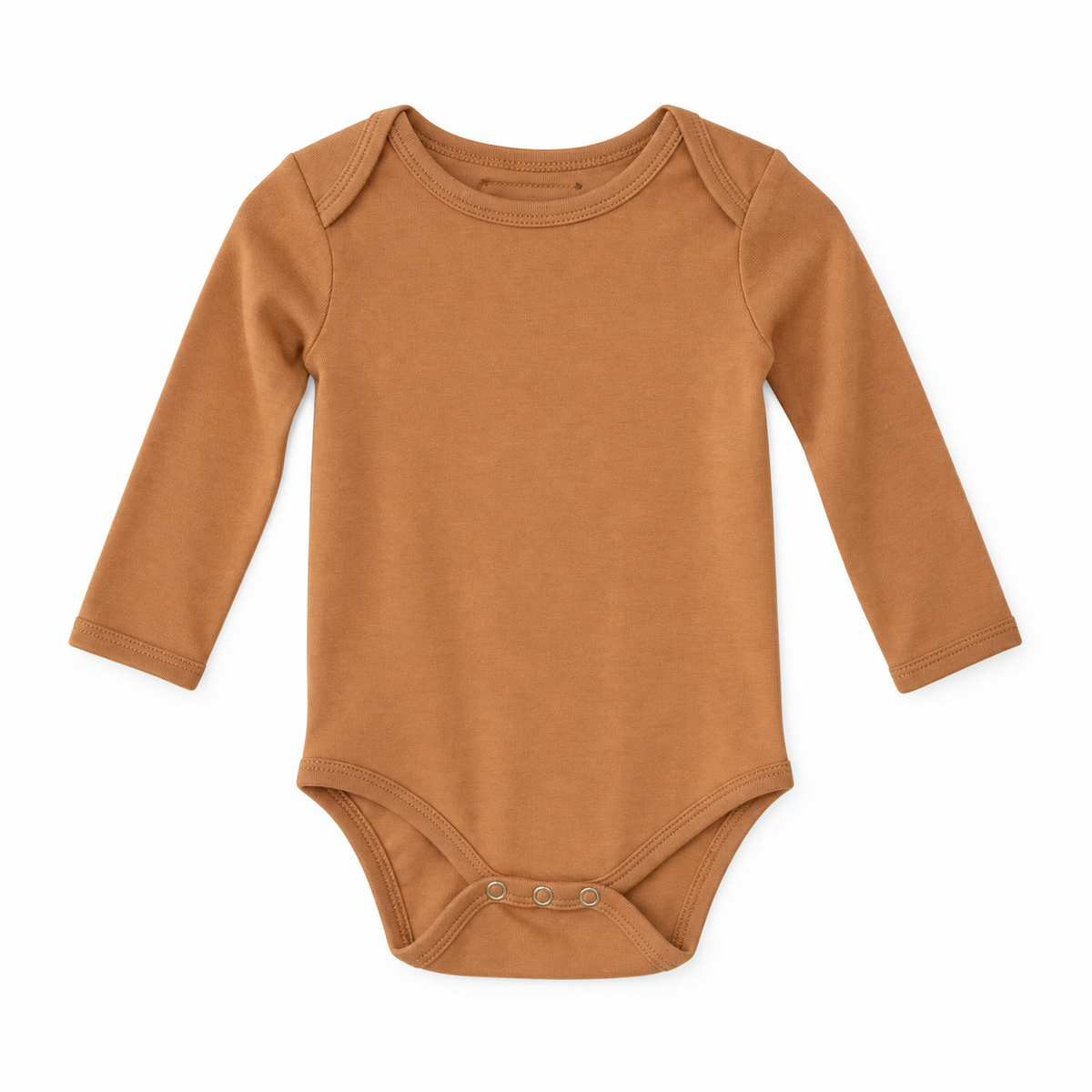 Ginger organic long sleeve baby bodysuit, full front studio view.