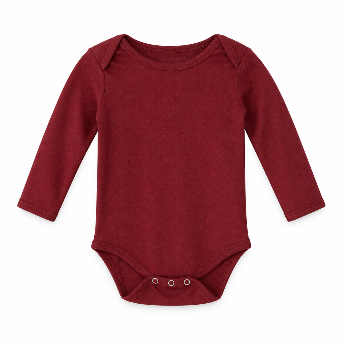 Maroon organic long sleeve baby bodysuit, full front studio view.