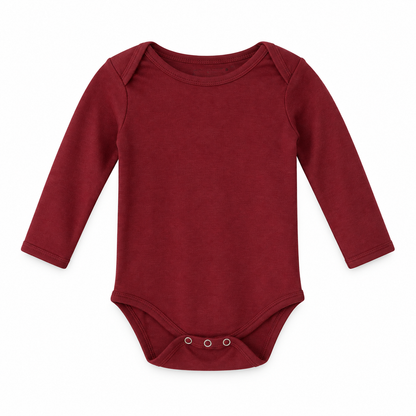Maroon organic long sleeve baby bodysuit, full front studio view.