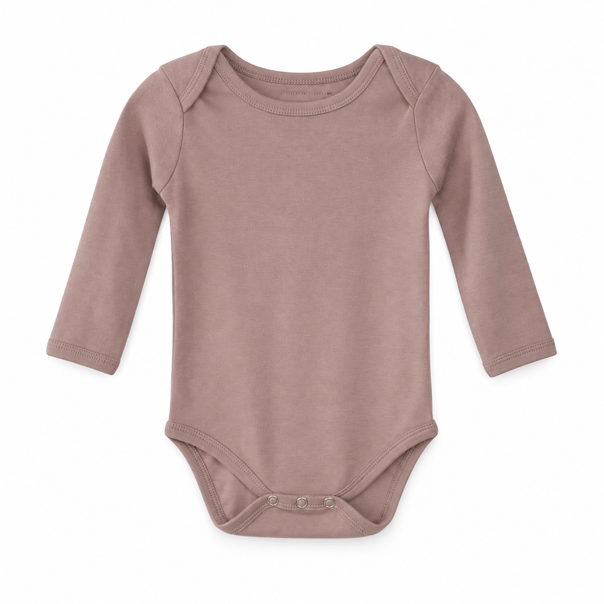 Mauve organic long sleeve baby bodysuit, full front studio view.