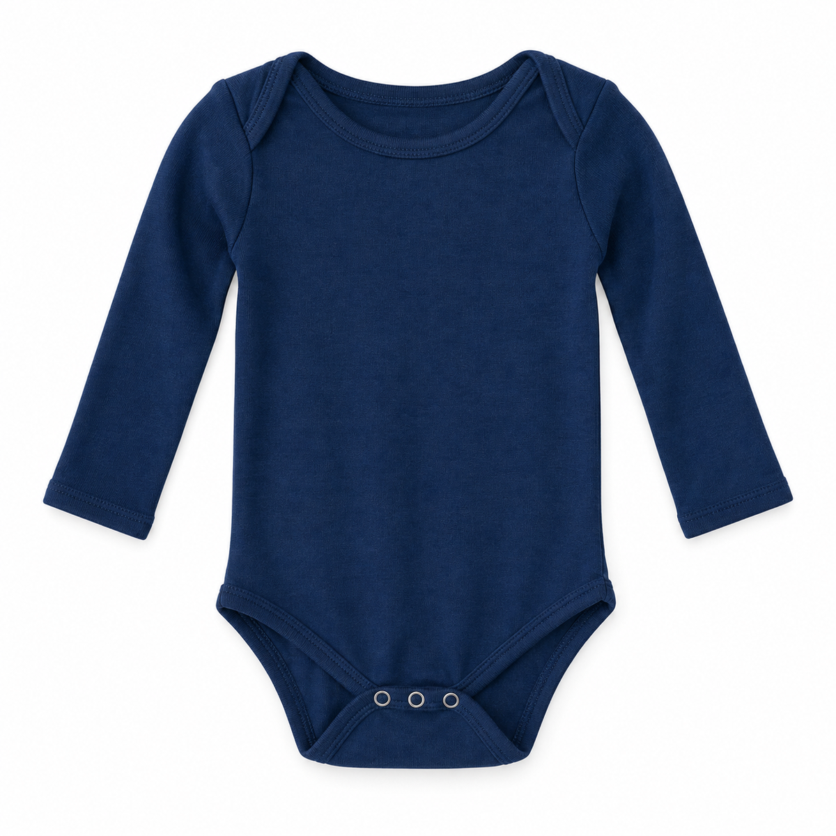 Navy Peony organic long sleeve baby bodysuit, full front studio view.