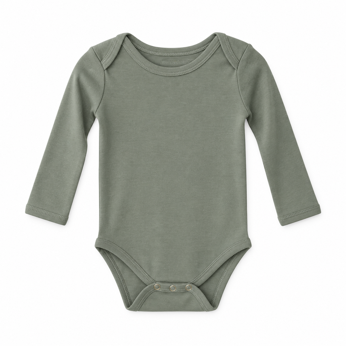 Neutral Gray organic long sleeve baby bodysuit, full front studio view.