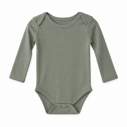 Neutral Gray organic long sleeve baby bodysuit, full front studio view.