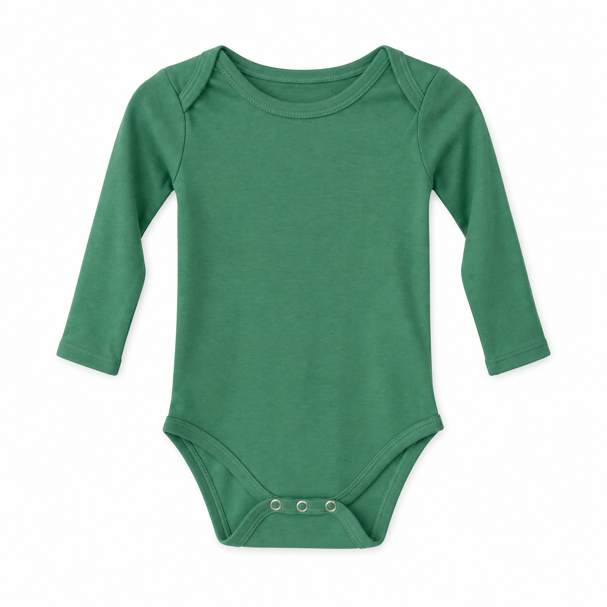 Pine Green organic long sleeve baby bodysuit, full front studio view.
