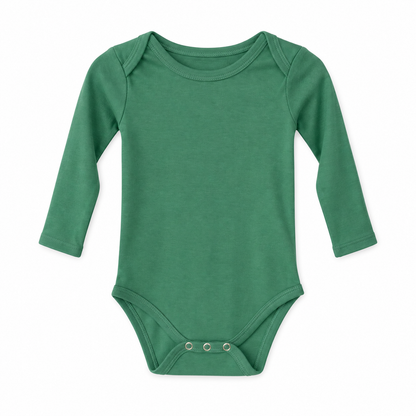 Pine Green organic long sleeve baby bodysuit, full front studio view.