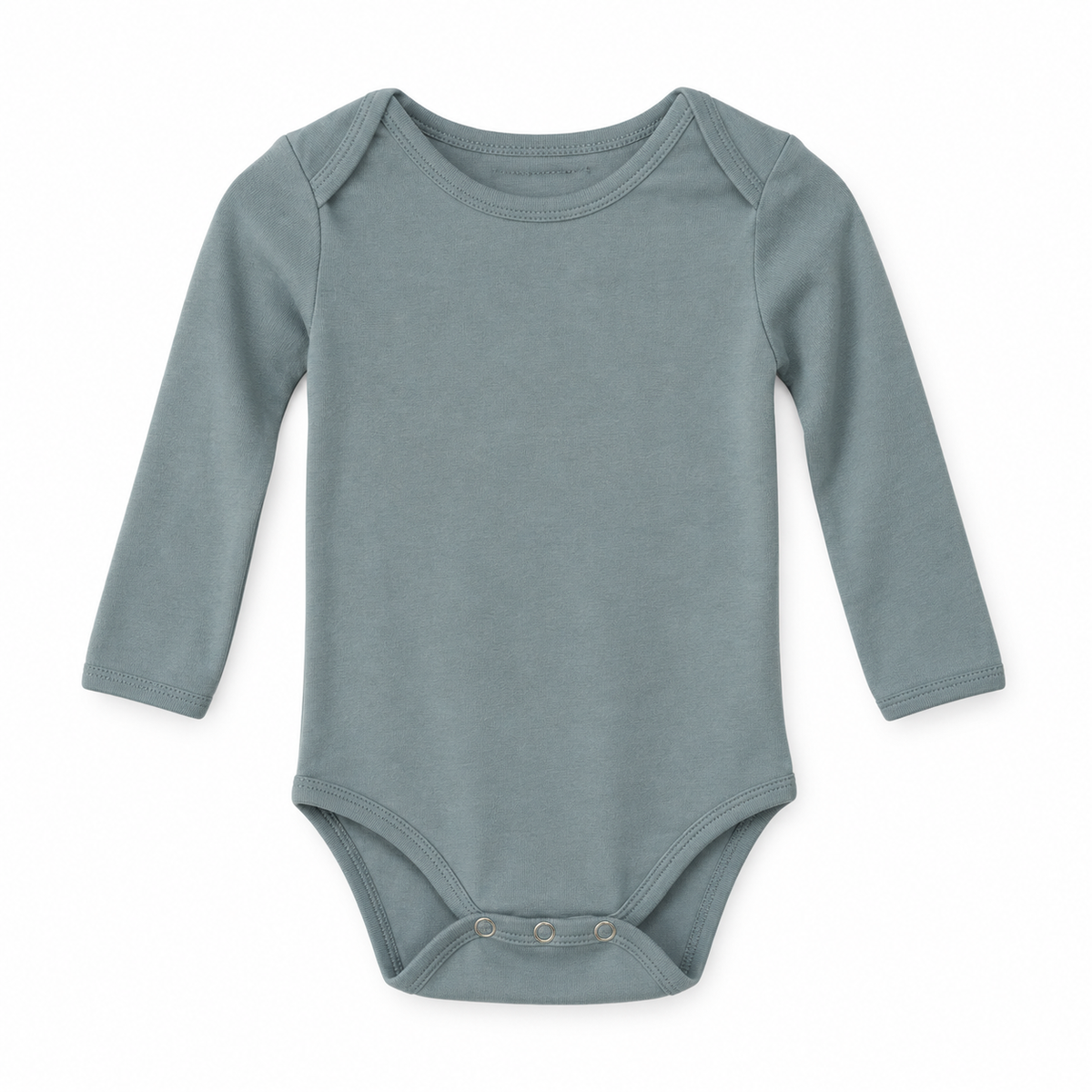 Tradewinds organic long sleeve baby bodysuit, full front studio view.