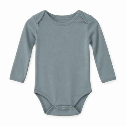 Tradewinds organic long sleeve baby bodysuit, full front studio view.