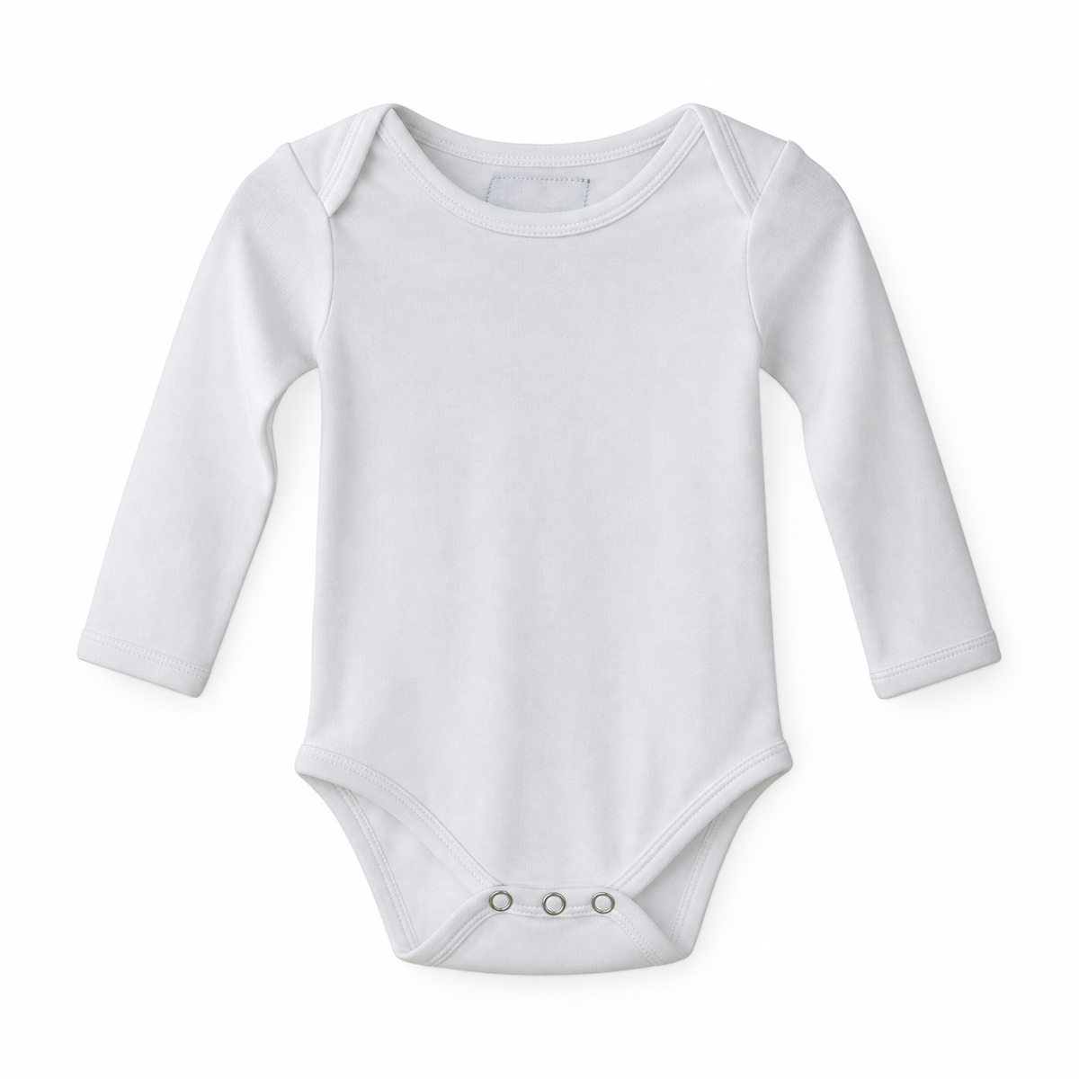 White organic long sleeve baby bodysuit, full front studio view.