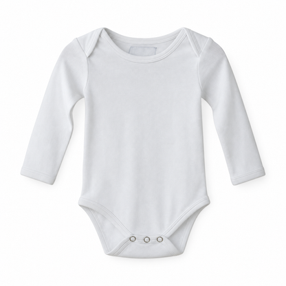 White organic long sleeve baby bodysuit, full front studio view.