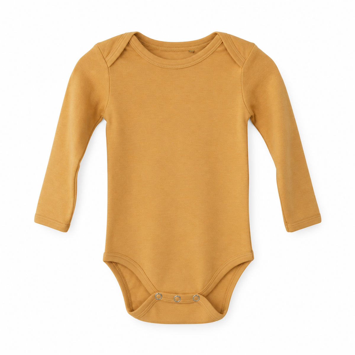 Honey organic long sleeve baby bodysuit, full front studio view.