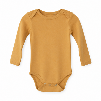 Honey organic long sleeve baby bodysuit, full front studio view.