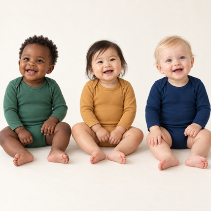 Three babies in Pine Green, Honey and Navy Peony long sleeve bodysuits