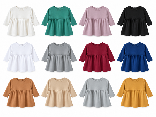 Modern Burlap organic long sleeve dresses in all twelve documented colors at matching scale