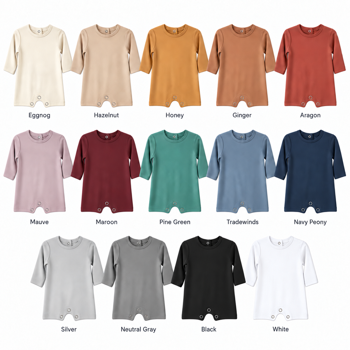 Long sleeve baby romper color guide showing all fourteen named colors