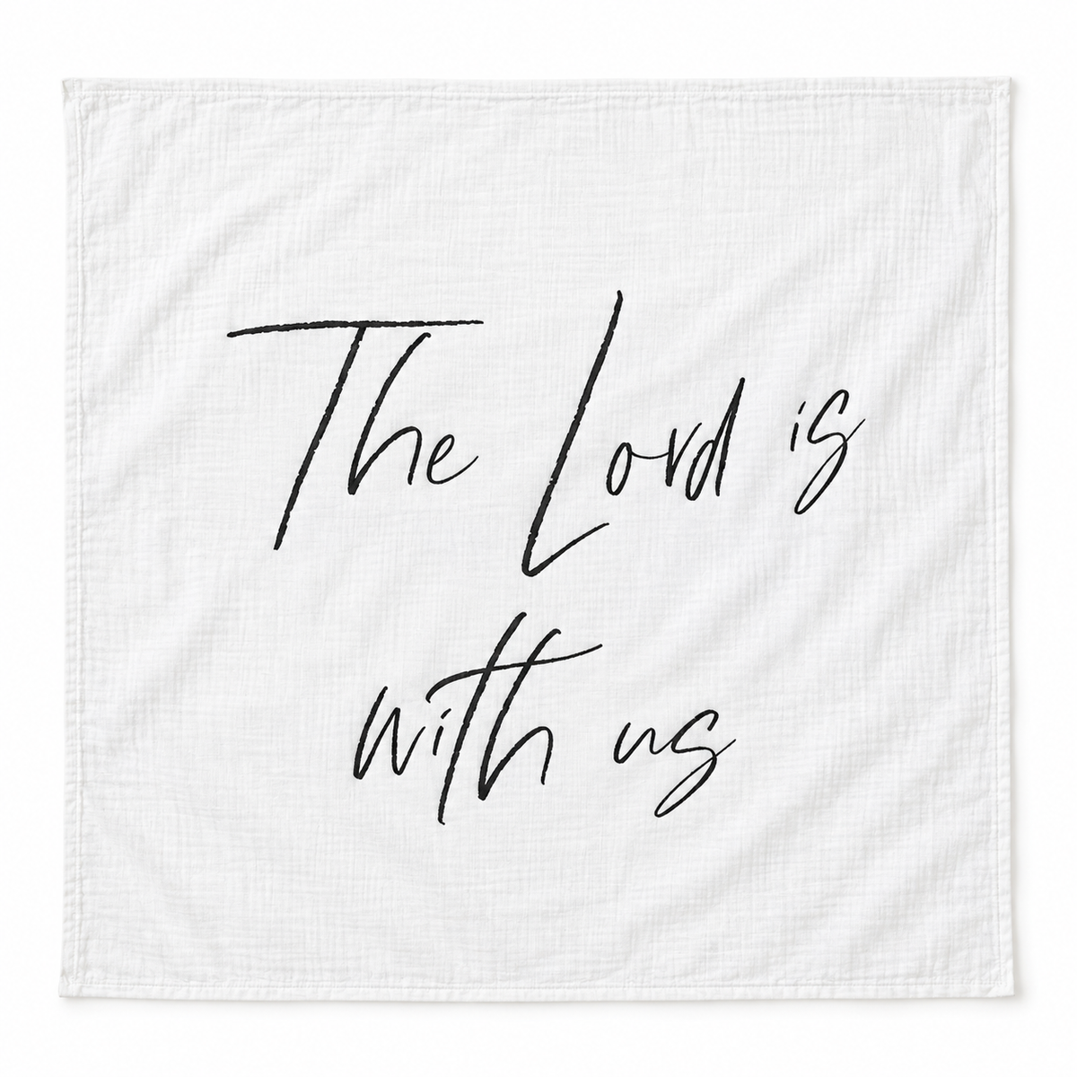 The Lord Is With Us organic muslin swaddle, complete design on white.