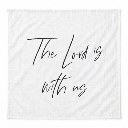 The Lord Is With Us organic muslin swaddle, complete design on white.