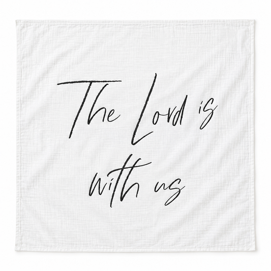 The Lord Is With Us organic muslin swaddle, complete design on white.