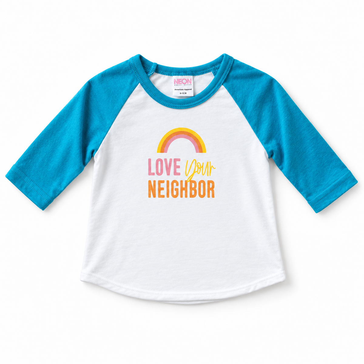 Love Your Neighbor baseball tee with blue sleeves, full front studio rendering based on the original garment photograph.