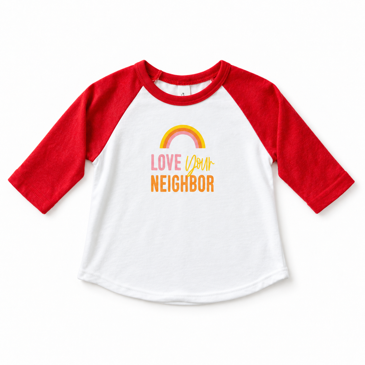 Love Your Neighbor baseball tee with red sleeves, full front studio rendering based on the original garment photograph.