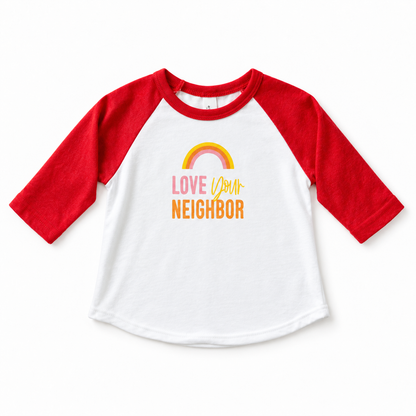 Love Your Neighbor baseball tee with red sleeves, full front studio rendering based on the original garment photograph.